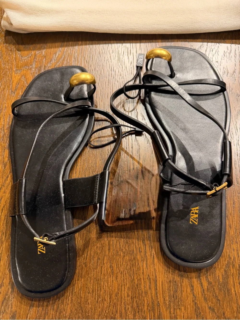 Zara Black Leather Flat Sandals with Gold Accent - Picture 4 of 4